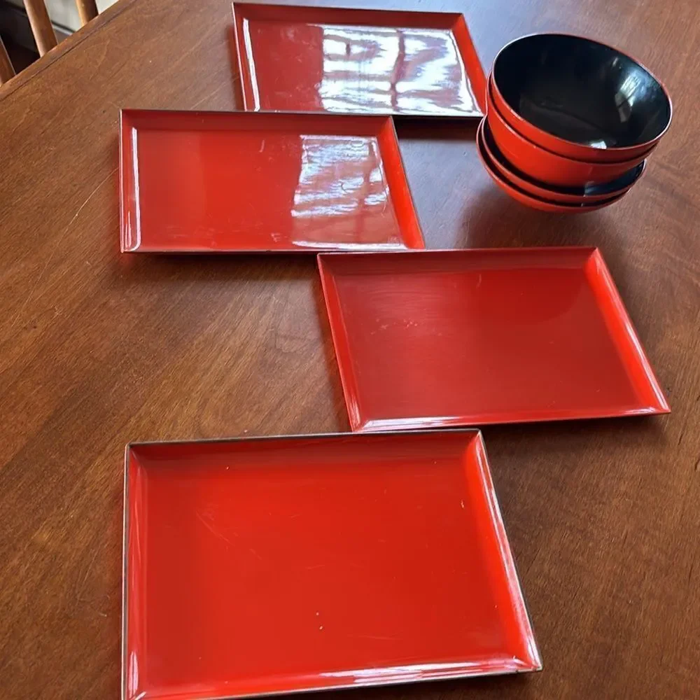 Vintage Japanese Laquered Plates & Rice Bowls